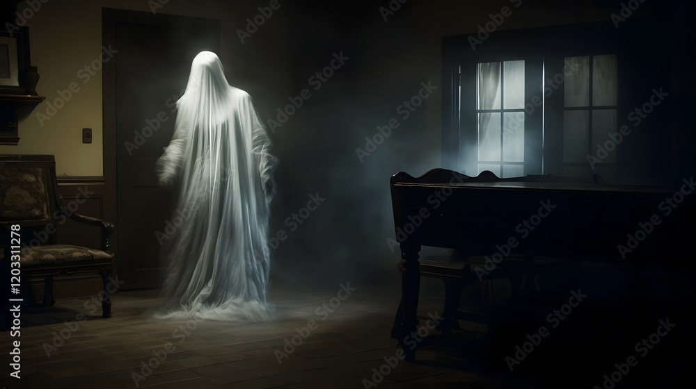 Poster mysterious and ethereal ghostly apparition manifesting in the corner of a dimly lit and atmospheric 
