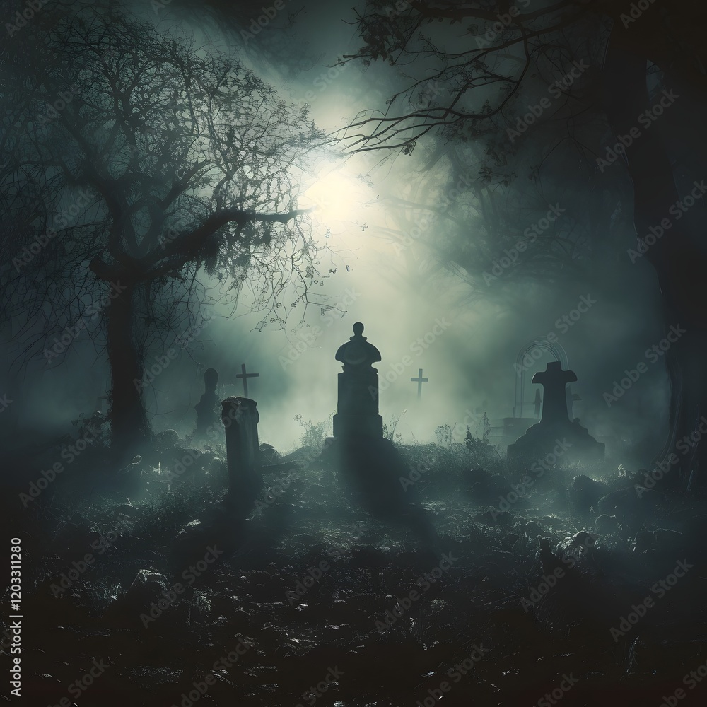 Poster ghostly apparition hovers above a weathered tombstone in a misty graveyard creating an unsettling an