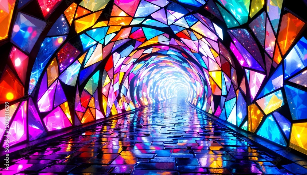 Poster a journey through a vibrant, colorful tunnel of geometric shapes and glowing lights, creating a psyc