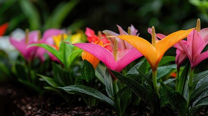 Obraz premium Vibrant Anthurium flowers in a lush greenhouse. Botanical garden display. Nature photography for websites