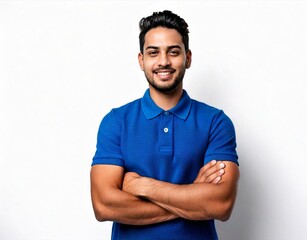 Portrait of young european man standing in blue polo shirt with crossed arms, smiling and looking at camera, isolated on white background