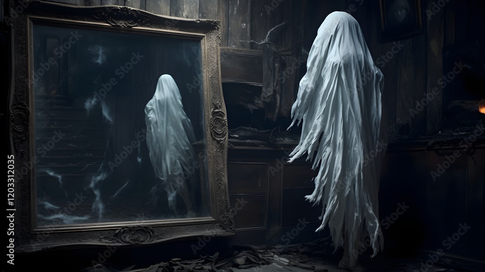 Poster a ghostly ethereal apparition emerges from a shattered distorted mirror in the corner of a spooky di