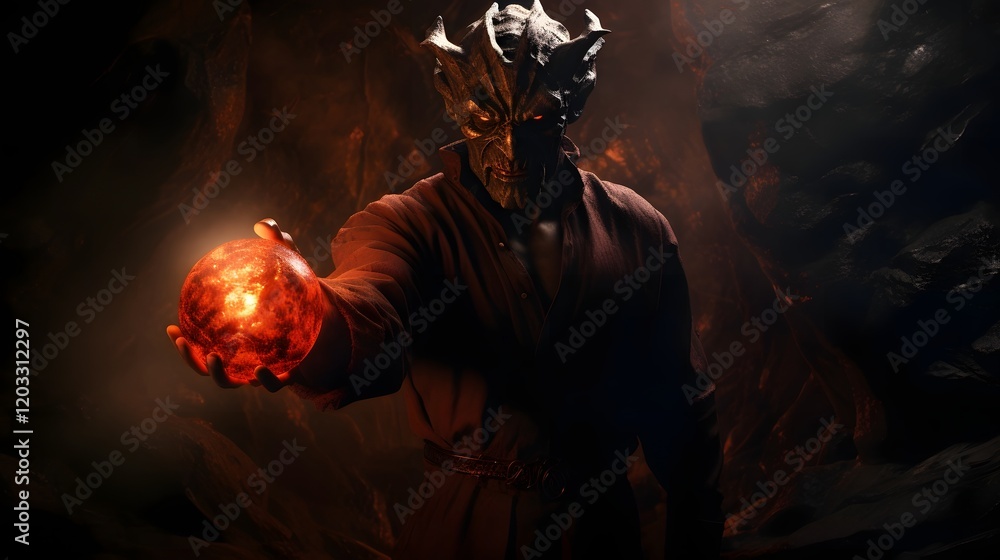 Poster menacing devil holding a fiery orb in a dark cavern creating an ominous and foreboding fantasy scene