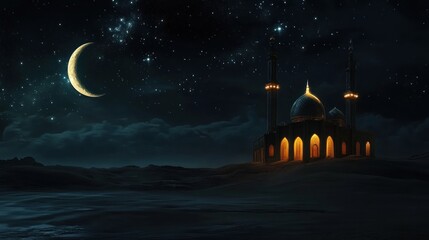 Naklejka premium An artistic Islamic design with a glowing mosque at night, twinkling stars, and a crescent moon, leaving room for Ramadan wishes or text