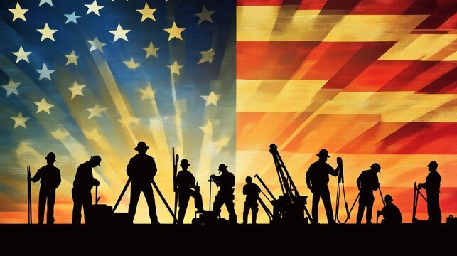 An artistic Labor Day background with silhouetted workers in various trades, standing against a vibrant American flag, celebrating their contributions