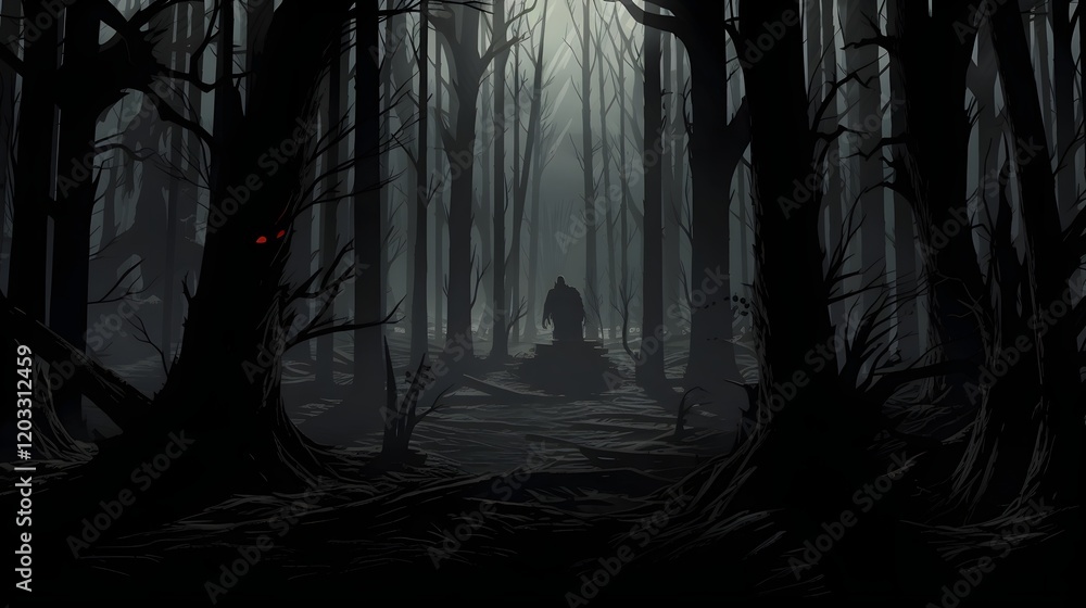 Aufkleber a dark and foreboding forest with a sinister shadowy devil lurking behind the trees creating an omin