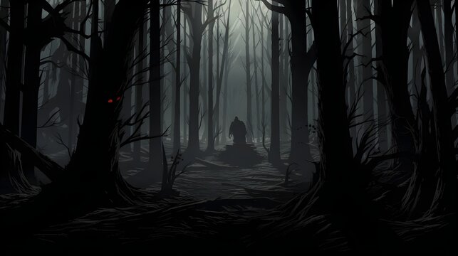 A dark and foreboding forest with a sinister shadowy devil lurking behind the trees creating an ominous and supernatural atmosphere of mystery and suspense