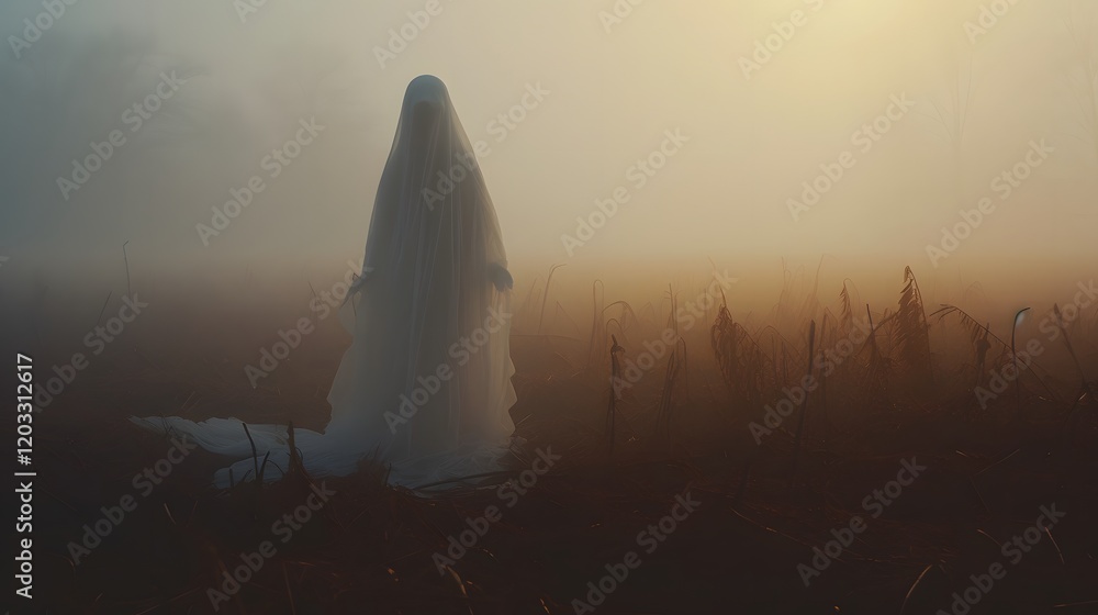 Poster mysterious glowing ghost entity appears in a tranquil foggy field illuminating the serene dawn lands