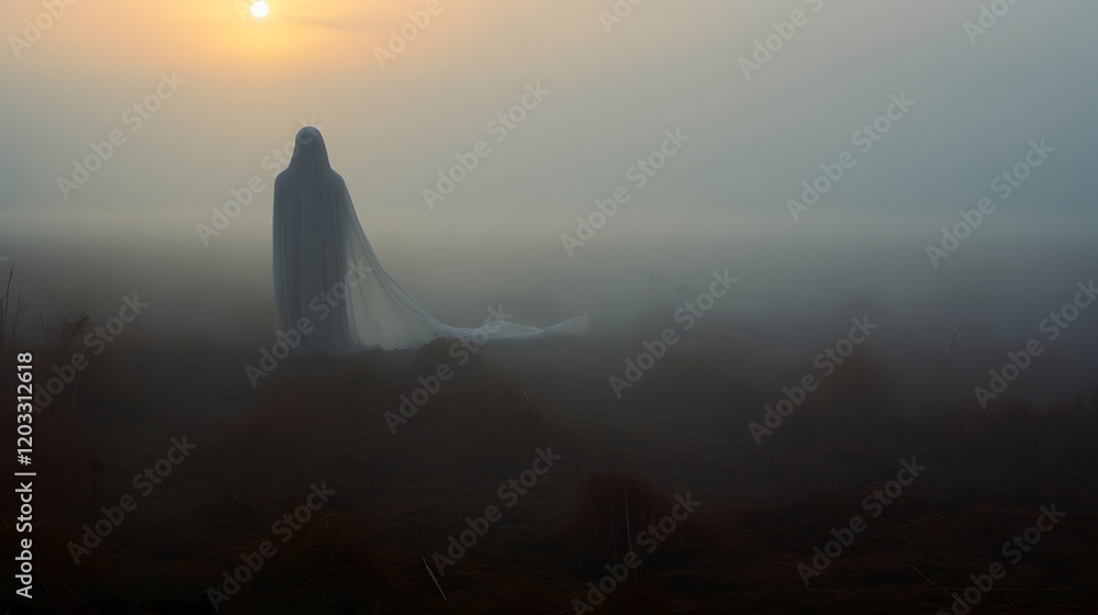 Poster glowing ethereal ghost figure emerges from a fog shrouded field as the first light of dawn breaks ov