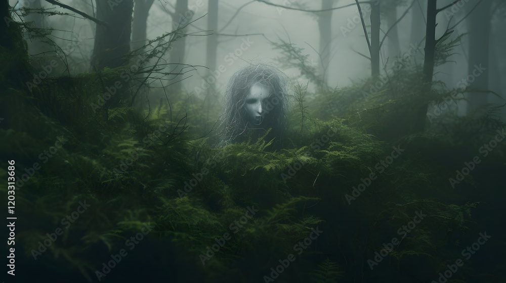 Poster ghostly ethereal face apparition emerging from a misty overgrown forest landscape with a mysterious 