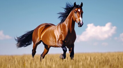 Obraz premium Brown horse running in a wheat field