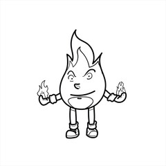 fire mascot illustration, black and white cartoon style, vector format, good for children's coloring teaching materials, clothing, and visual elements and others