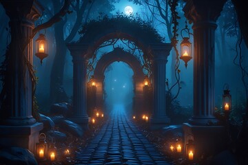 Fototapeta premium Mysterious Nighttime Pathway Lit by Lanterns and Candles Amidst Fog Background 