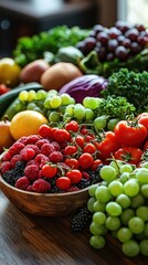 Vibrant display of fresh fruits and vegetables on a wooden table natural light nutritional content healthy lifestyle