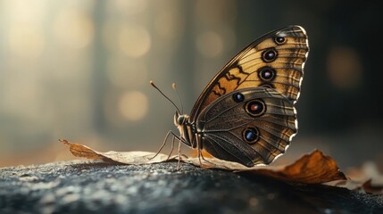 Vibrant butterfly on leaf in soft natural light macro wildlife nature environment close-up view