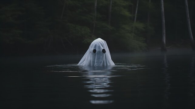 A pale ghostly figure with hollow eyes and an ethereal presence hovers silently above the tranquil waters of a serene lake at twilight creating an ominous and haunting atmosphere