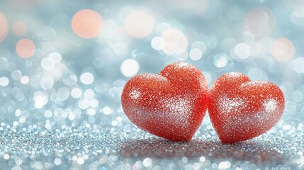 Obraz premium Two glitter hearts on sparkling surface with bokeh background (2)