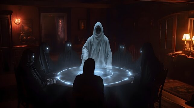 Ghostly Apparition Emerges from Glowing Mystic Circle During Occult Ritual Seance Revealing Paranormal Presence and Unexplained Supernatural Phenomenon