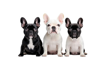 Three French Bulldog Puppies Sitting Together Isolated on transparent Background, PNG file 