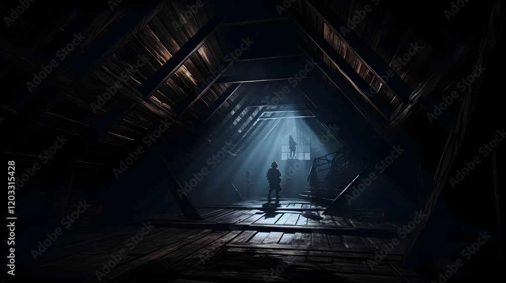 Poster eerie abandoned attic with a ghostly presence concealed in the dimly lit shadows creating an atmosph
