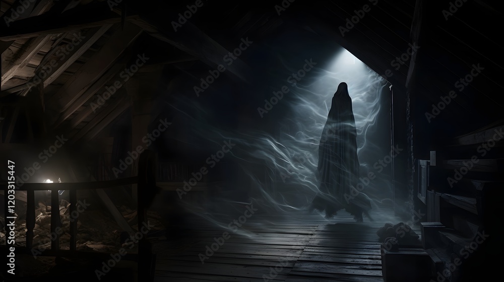 Aufkleber haunted and eerie attic with a ghostly figure silently lurking in the shadows creating an unsettling