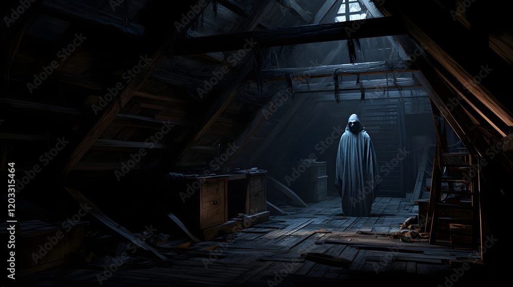 Aufkleber haunted and abandoned attic with a ghostly silhouette lurking ominously in the shadows creating an a