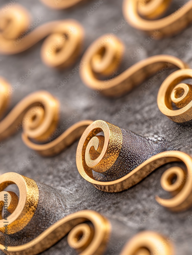 Poster golden swirls on black background with intricate patterns and shimmering details under bright light,