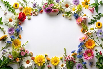 Fototapeta premium Minimalist Wildflower Wreath Frame - White Background - AI Art