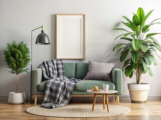 Modern Living Room Poster Mockup - Gray Sofa, Round Pillow, Green Plaid