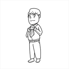graphic vector illustration of an office man straightening his tie or holding a tie in cartoon style, great for adding to your visual elements or coloring teaching materials for children and the appar