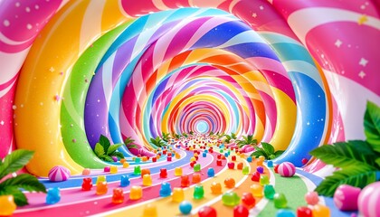 Obraz premium A whimsical journey through a vibrant candy tunnel, filled with gummy bears and rainbow swirls, creating a joyful and imaginative dreamscape.