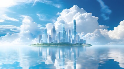 Fototapeta premium Modern City Skyline on a Serene Island Paradise