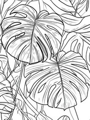Detailed line drawing of tropical monstera leaves in a vibrant botanical setting