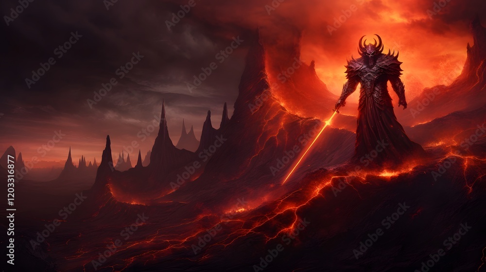 Poster demonic entity wielding a fiery sword amid the scorching turbulent landscape of a volcanic inferno w