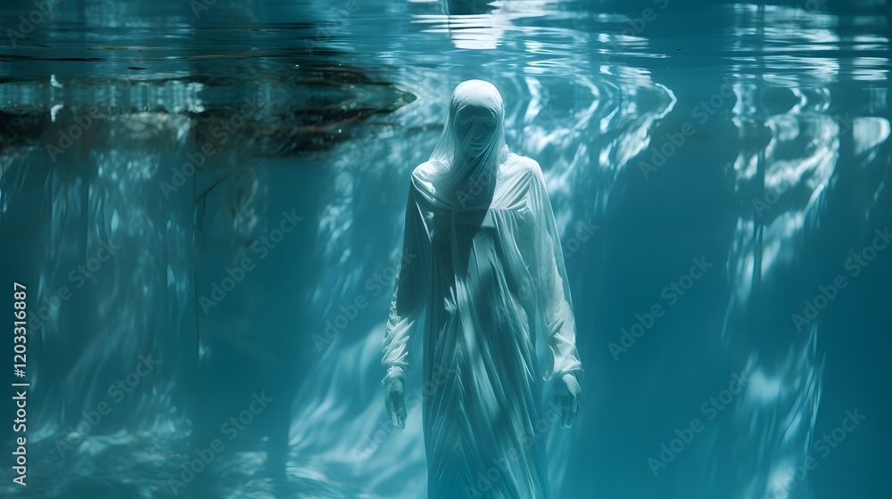 Poster ethereal ghostly figure floating serenely above a still pool of water with a reflection of its past 