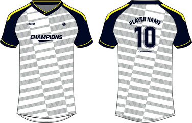 Sports jersey t shirt and shorts kit design flat sketch illustration, Stripe pattern V neck raglan sleeve Football jersey kit concept with front and back view for Soccer, Cricket, Volleyball uniform