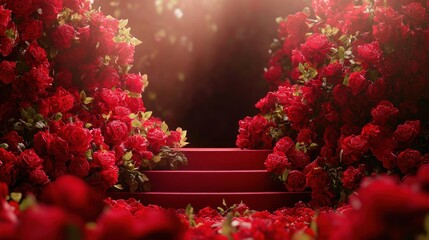 A beautiful red rose podium with layers of blooming flowers, creating a visually striking and romantic backdrop for product photography