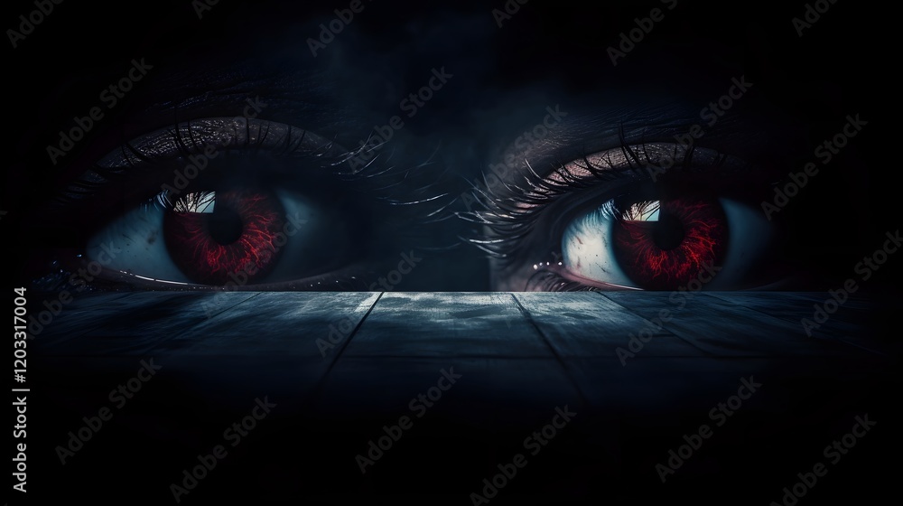 Poster a pair of glowing devil eyes watching ominously from the shadows of a dark and foreboding room creat
