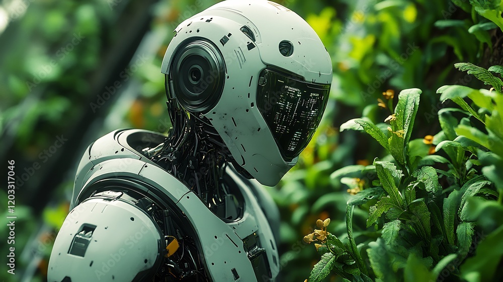 Poster robot farmer in a sleek vertical farming environment efficiently using ai to manage and harvest crop