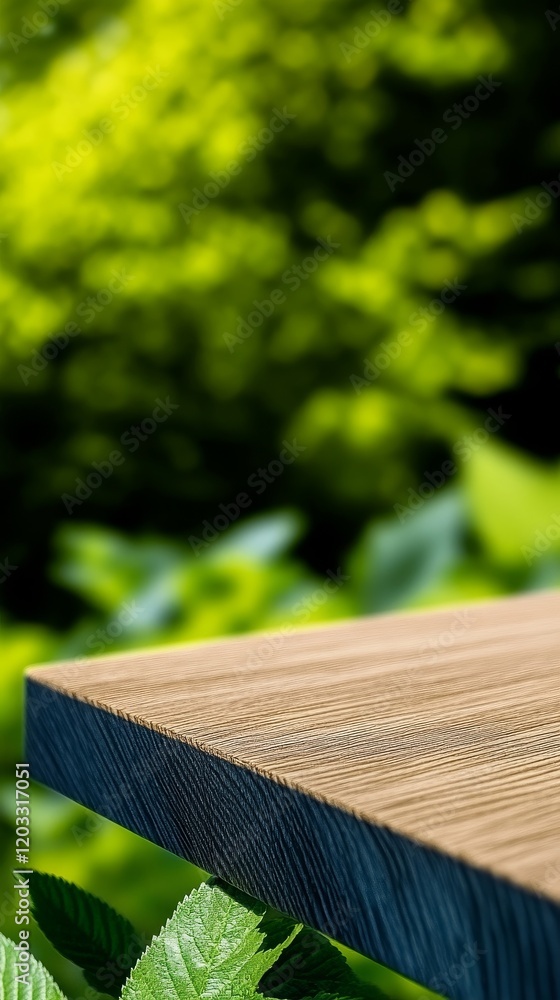 Poster rustic wooden table on a natural background with blurred bokeh light effects, perfect for eco-friend
