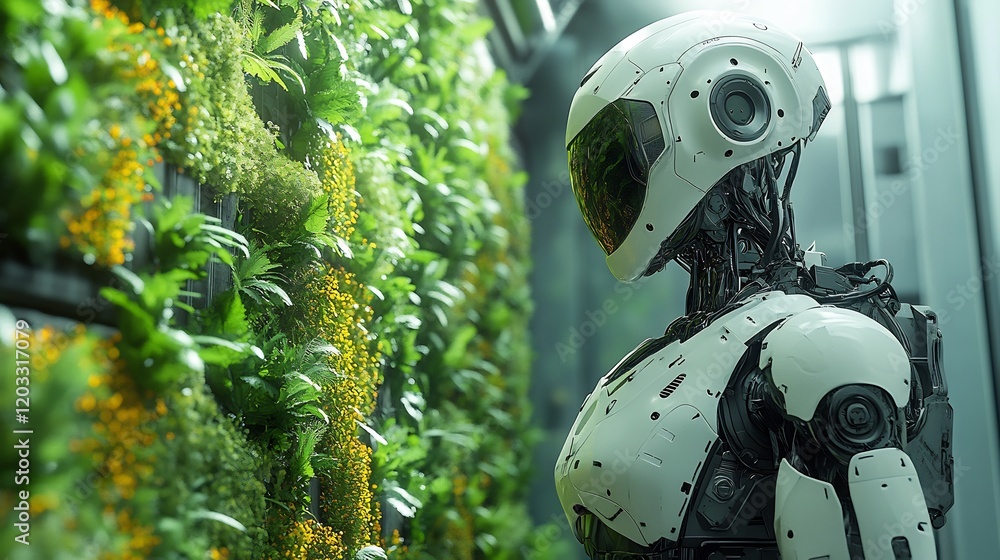 Poster robot farmer in a sleek vertical farming environment efficiently using ai to manage and harvest crop