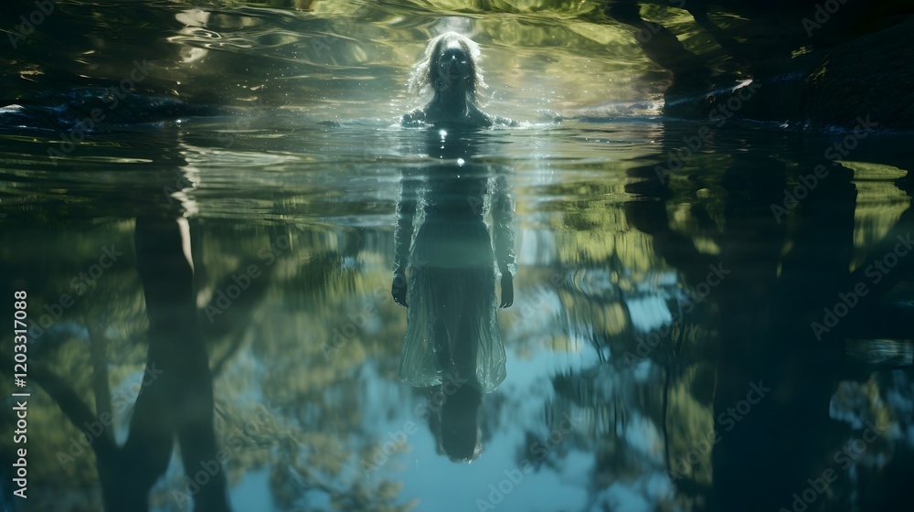 Poster a ghostly figure almost ethereal in nature appears to be floating above a serene pool of water its r