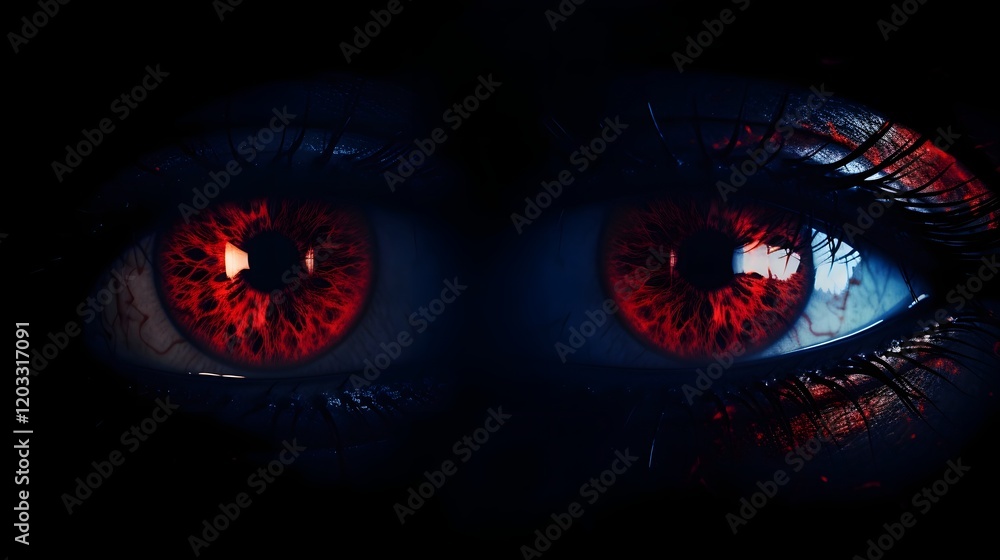 Poster glowing devil eyes watching from the shadows of a mysterious and foreboding dark room creating an om