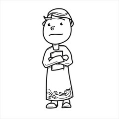 graphic vector illustration of a Muslim child or youth embracing the Koran in a Ramadan theme with a cartoon style, great for adding to your visual elements or coloring teaching materials for children