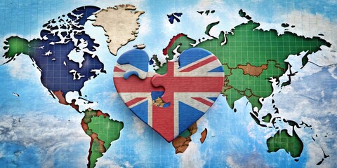 Obraz premium Double exposure photography: Azerbaijan's heart merges with the UK on a world map.