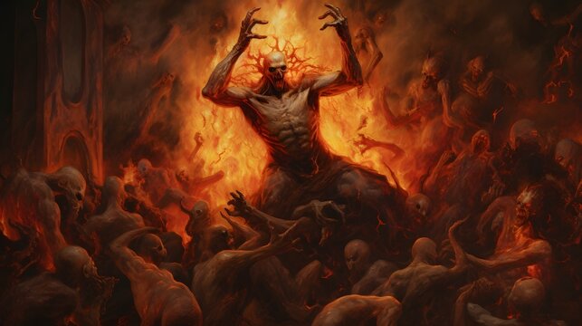 Tormented souls engulfed in the fiery depths of the infernal realm a hellish scene of devils demons and the damned trapped in an apocalyptic vision of the underworld