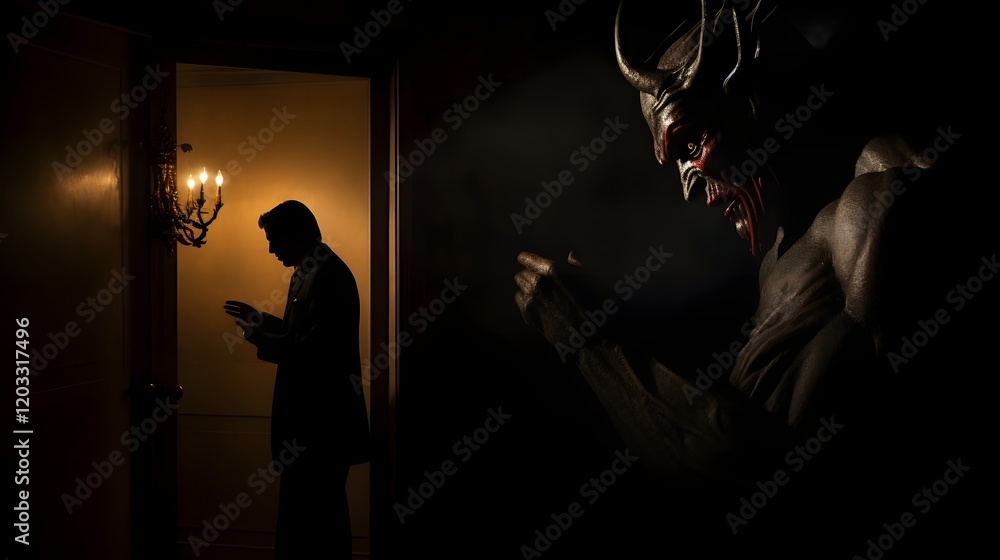 Poster a devilish supernatural figure whispering ominous secrets to a frightened anxious man in a darkened 