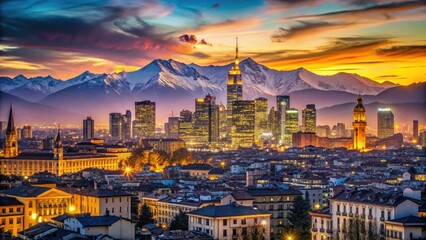 Naklejka premium Dramatic Milan skyline at sunset, Lombardy Alps silhouetted, a breathtaking Italian night scene.
