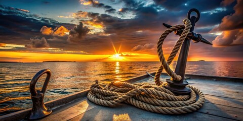 Dramatic ocean sunset silhouettes a lone anchor and rope.