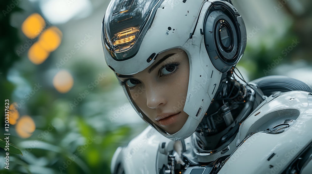 Poster robot farmer in a sleek vertical farming environment efficiently using ai to manage and harvest crop